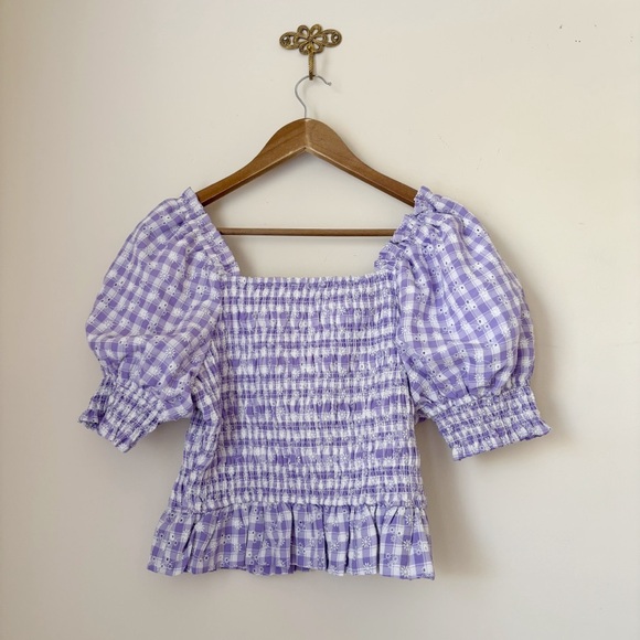 English Factory Smocked Gingham Blouse Medium Purple NEW NWT - Picture 4 of 8